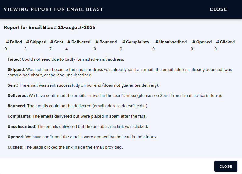 Send Blasts Report